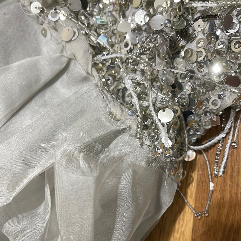 Silver Ruffled One Shoulder Backless Gown - Picture 6 of 6